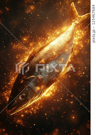 Underwater view of a fish swimming gracefully in golden light creating an enchanting atmosphere 125467684