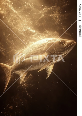 Underwater view of a fish swimming gracefully in golden light creating an enchanting atmosphere 125467685
