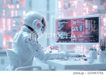 Astronaut engaged in programming tasks at a futuristic workstation during a high-tech space mission 125467756