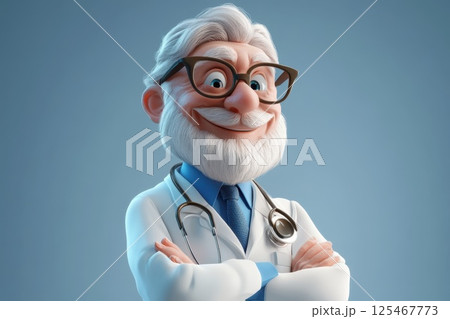 Cartoon doctor character with glasses and a stethoscope in a modern medical setting representing health and care Cartoon doctor character with glasses and a stethoscope in a modern medical setting representing health and care 125467773