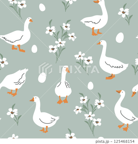 Seamless vector pattern with white goose, flower and egg. Hand drawn cute Easter goose pattern, for textile, wallpaper or nursery print design. 125468154