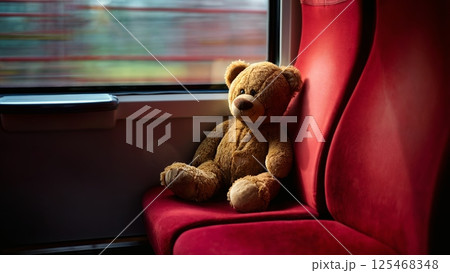 Abandoned Teddy Bear on a Train Seat: Lost Love and Childhood Innocence Concept Abandoned Teddy Bear on a Train Seat: Lost Love and Childhood Innocence Concept 125468348