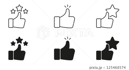 Thumbs Up With Stars Icon Set. Positive Feedback, Approval, And Rating Outline And Silhouette Symbol Collection. Customer Satisfaction And Quality Assurance. Isolated Vector Illustration 125468574