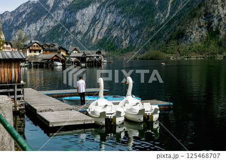 Hallstatt Austria. Swan Boats at Alpine Lake Resort 125468707