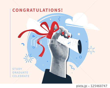 Graduate vector illustration background. Halftone effect student hand hold paper diploma with red bow, raised up. Education graduation congratulation banner. Celebrate class of 2025, cool art design Graduate vector illustration background. Halftone effect student hand hold paper diploma with red bow, raised up. Education graduation congratulation banner. Celebrate class of 2025, cool art design 125468747