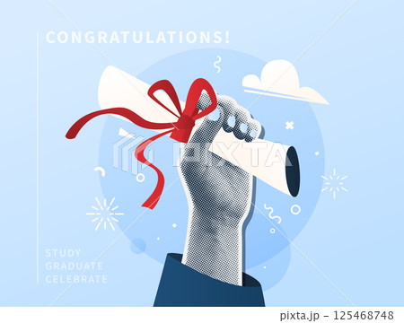 Graduate vector illustration background. Halftone effect student hand hold paper diploma with red bow, raised up. Education graduation congratulation banner. Celebrate class of 2025, cool art design Graduate vector illustration background. Halftone effect student hand hold paper diploma with red bow, raised up. Education graduation congratulation banner. Celebrate class of 2025, cool art design 125468748