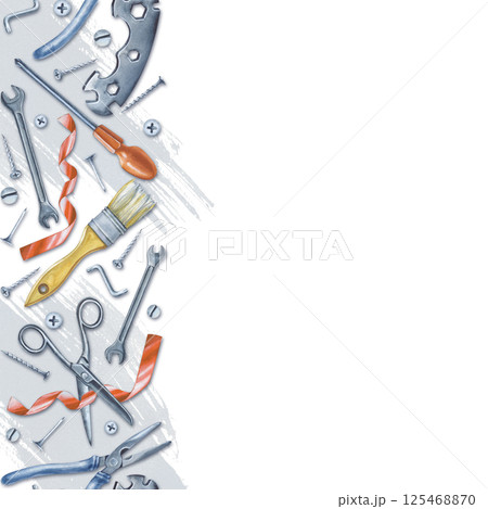 A square frame with working tools and paint spots. Watercolor illustration. Men's repair tools are hand-drawn on a white background. The border. Isolated. 125468870