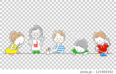 孩子們並肩學習和做手工的插圖，色彩鮮豔 125469392
