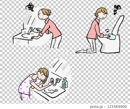 年輕女性早晨洗髮、浴室清潔、廁所清潔 125469900