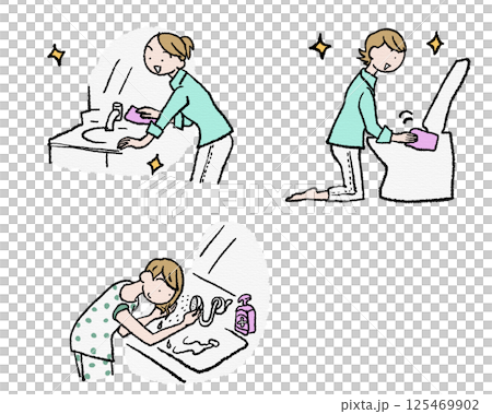若い女性の朝シャン、洗面所掃除、トイレ掃除 125469902