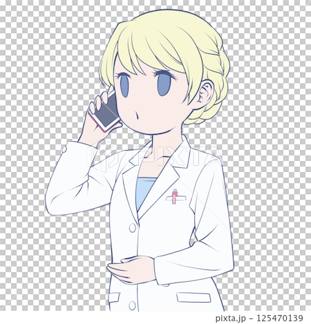 Blonde female pharmacist making a phone call on her smartphone - Calling 125470139