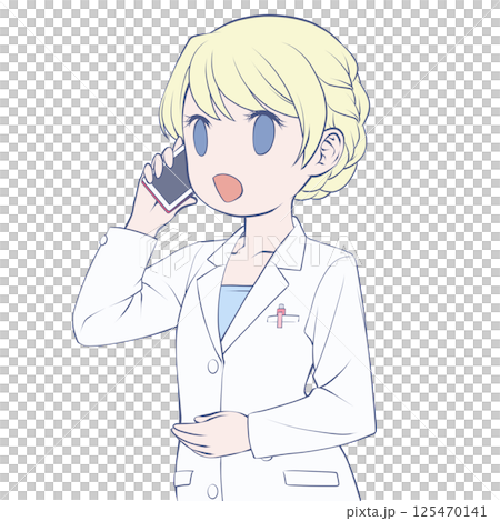 Blonde female pharmacist making a phone call on her smartphone, smiling Blonde female pharmacist making a phone call on her smartphone, smiling 125470141