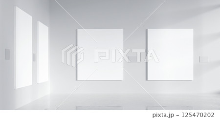 Spacious White Art Gallery with Minimal Frames, 3D render illustration Spacious White Art Gallery with Minimal Frames, 3D render illustration 125470202