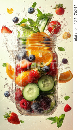 Refreshing Fruit-Infused Water Splash in a Glass Jar 125470245