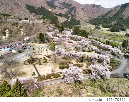 桜が満開の日本こけし館　空撮 125470382