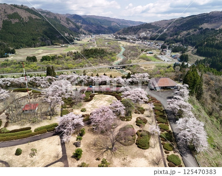 桜が満開の日本こけし館　空撮 125470383