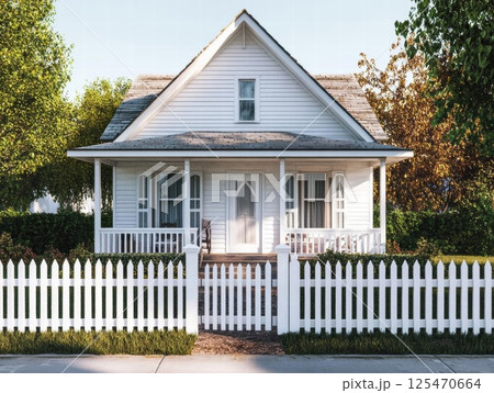 Charming White House Stands Proudly Behind a White Picket Fence, Welcoming Home, Suburban Lifestyle. 125470664
