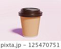 High quality 3D render of takeaway disposable kraft paper coffee cup with brown lid on pastel pink backdrop. Product mockup for your design. For packaging design, marketing, branding, coffee culture. 125470751