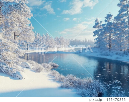 Winter River Flows Through Snowy Forest Landscape with Frosted Trees, Winter Wonderland. 125470853