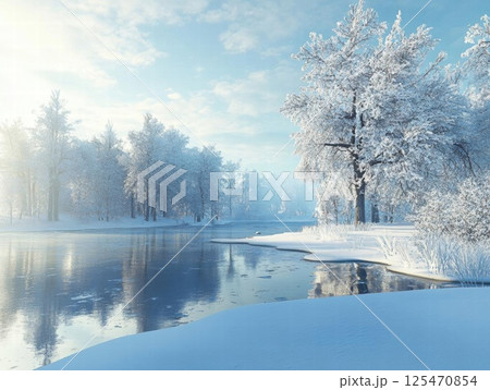 Frozen River Reflects Winter Wonderland with Snow, Ice, and Trees. Serene Landscape. Frozen River Reflects Winter Wonderland with Snow, Ice, and Trees. Serene Landscape. 125470854