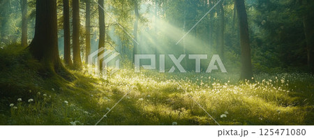 Sunlit Forest with Rays Shining Through Trees 125471080