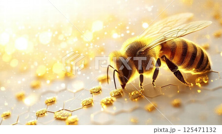 Bee Collects Golden Honeycomb on Hive with Sparkle Dust, Insect Theme 125471132