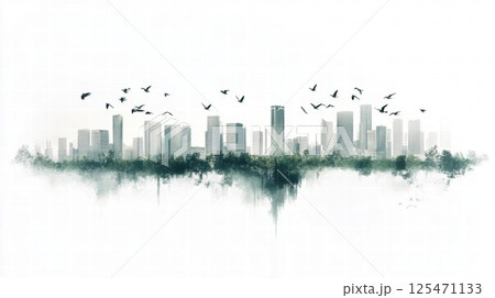 Urban Landscape with Birds Flying over City Buildings and Green Trees. Cityscape with Eco Theme. Urban Landscape with Birds Flying over City Buildings and Green Trees. Cityscape with Eco Theme. 125471133