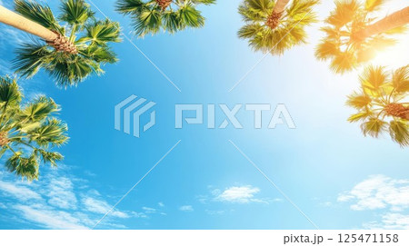 Palm Trees Reach for the Vibrant Blue Sky on a Sunny Day with Tropical Vacation Vibes 125471158