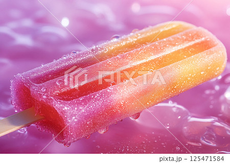 Popsicle with rainbow colors on a long stick on a summer background. Summer fun. Retro style. 125471584