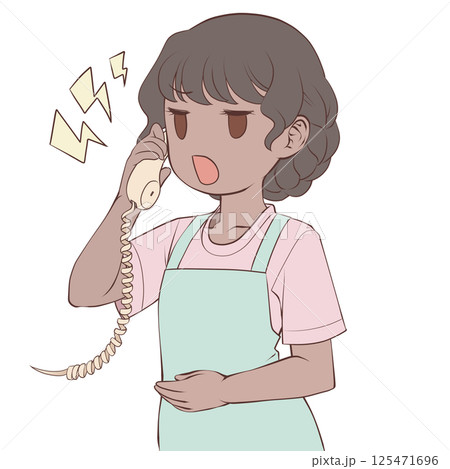 受話器を持って話すエプロン姿の褐色肌の女性・怒る 受話器を持って話すエプロン姿の褐色肌の女性・怒る 125471696