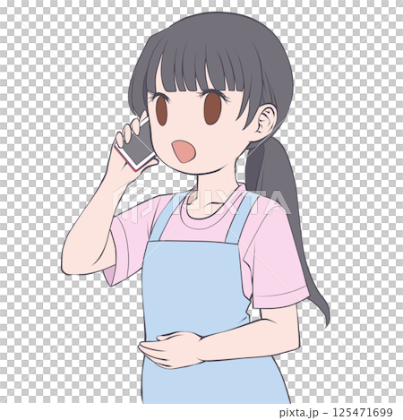 A black-haired woman in an apron making a phone call on her smartphone, smiling 125471699