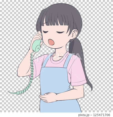 受話器を持って話すエプロン姿の黒髪の女性・呆れる 受話器を持って話すエプロン姿の黒髪の女性・呆れる 125471706