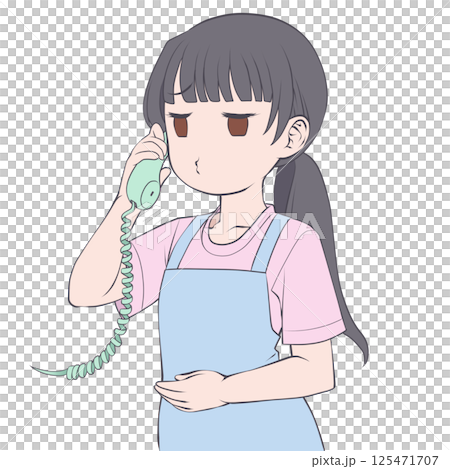 A black-haired woman in an apron talking on a phone, pouting A black-haired woman in an apron talking on a phone, pouting 125471707