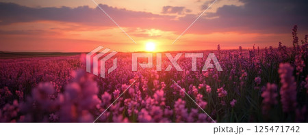 Dreamy Sunrise Over a Field of Pink Wildflowers 125471742