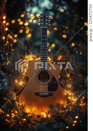 Illuminated Golden Guitar Amid Glowing Lights 125471750