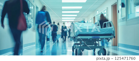 Hospital hallway with a gurney and blurred figures in motion. 125471760