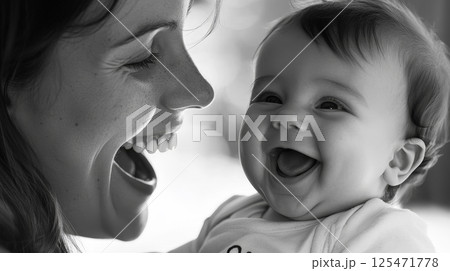 Black and White Moment of Mother and Baby Smiling 125471778