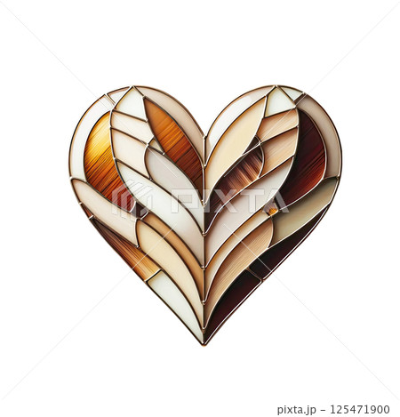 Heart made of brown, gold and beige stained glass, white background, minimalism Heart made of brown, gold and beige stained glass, white background, minimalism 125471900
