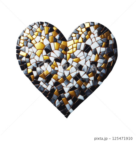Heart made of black, gold and white ceramic mosaic, white background, minimalism 125471910