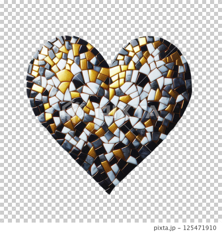 Heart made of black, gold and white ceramic mosaic, white background, minimalism 125471910