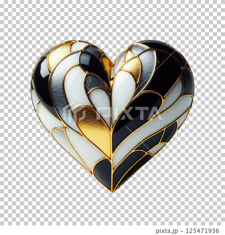 Heart made of black, gold and white stained glass, white background, minimalism Heart made of black, gold and white stained glass, white background, minimalism 125471936