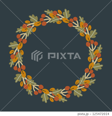 Round wreath of autumn orange and dark green leaves on a dark background. Round wreath of autumn orange and dark green leaves on a dark background. 125472014