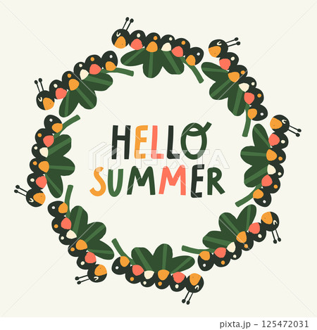 Round wreath of bright and colored caterpillars and an inscription in the middle hello summer on a white background. 125472031
