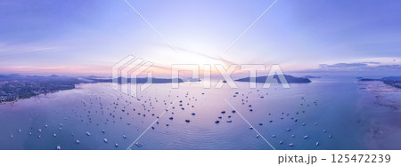 High angle view panorama of many boats at Phuket island Thailand 125472239