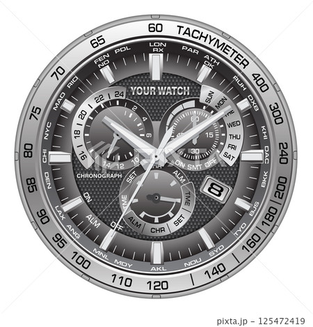 Realistic silver clock watch grey face chronograph luxury on white background vector 125472419