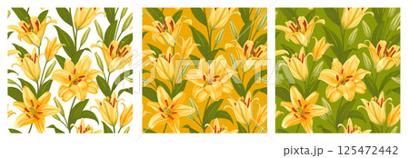 Yellow Tiger Lilies Seamless Pattern Set 125472442