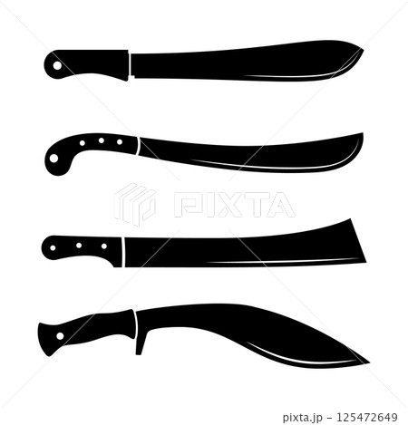 Set of Machete Silhouettes Vector Illustration. The collection highlights different types of machetes, showcasing various blade forms including a kukri style and a squared tip design. Set of Machete Silhouettes Vector Illustration. The collection highlights different types of machetes, showcasing various blade forms including a kukri style and a squared tip design. 125472649