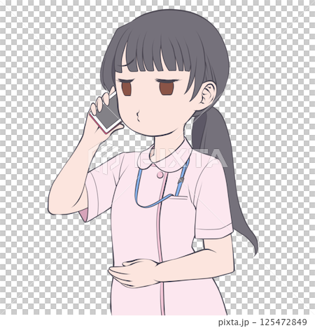 A black-haired female nurse making a phone call on her smartphone, pouting 125472849