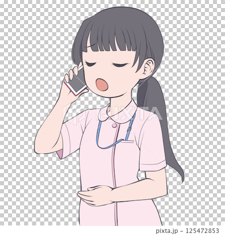 A black-haired female nurse making a phone call on her smartphone, amazed 125472853