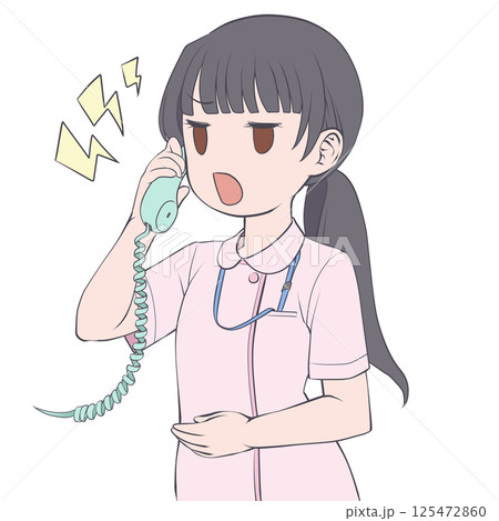 受話器を持って話す黒髪の女性看護師・怒り 125472860